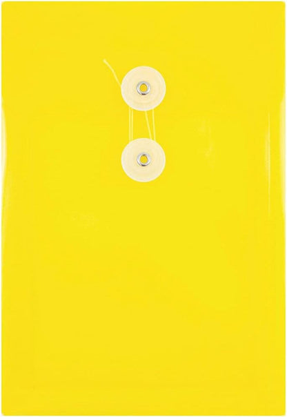 JAM PAPER Plastic Envelopes with Button & String Tie Closure - 6 1/4 x 9 1/4 - Yellow - 12/Pack
