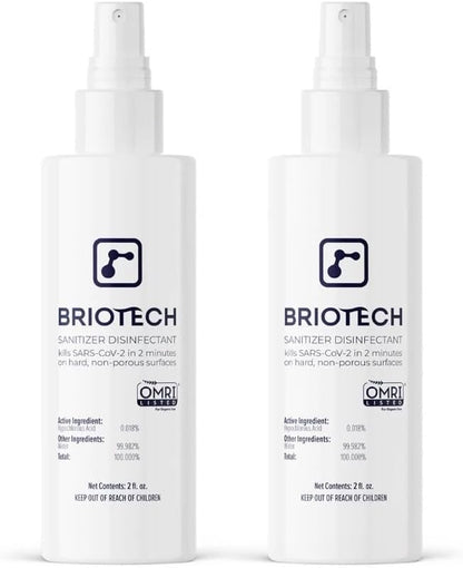 BRIOTECH Sanitizer Disinfectant Hypochlorous Spray, Kill 99.99% of Viruses & Bacteria, Control Mold, Eliminate Odor, Gentle for Nurseries, Food Contact Surface Sanitizer, 2 fl oz Travel Size (2 Pack)