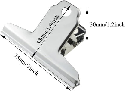 HAHIYO 3inch Silver Bulldog Clips Metal File Hinge Binder Clamps Save Space Strong Spring Jaws Rock Solid Grip Book Lay Flat Deburred Edge for Hang Photos Wall Grid Dog Food 10PCS