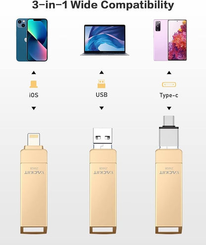 MFi Certified 512GB Flash Drives 3.0 High Speed 3ni1 USB Stick External Storage for iPhone/PC/iPad/Android/More Devices for Photos and Videos Transfer Storage Backup(512-Gold)