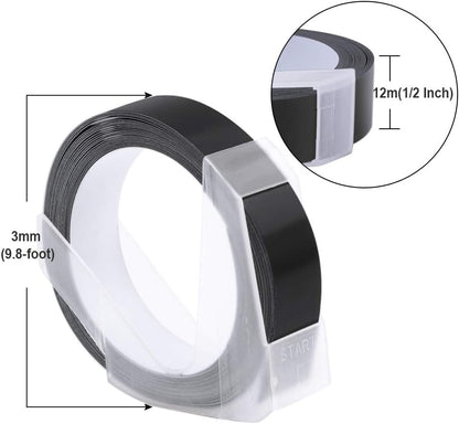 Oozmas Embossing Tape 1/2 Inch Replacement for Dymo Embossed Label Tape 1/2 Inch 12mm 3D Plastic Emboss Labels White Print on Black Compatible with DM1595 Organizer Xpress Pro, 5 Pack