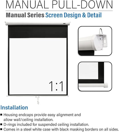 Akia Screens 125 inch Projector Screen Pull Down Manual B 1:1 8K 4K HD 3D Ceiling Wall Mount White Portable Projection Screen Retractable Auto Locking for Indoor Movie Home Theater Office AK-M125S1