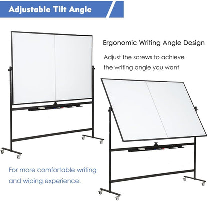 Large Magnetic Mobile Whiteboard 60"x48", Rolling Double Sided Stand Whiteboard on Wheels, Reversible Adjustable Height/Angle Dry Erase Board 5' x 4' Easel White Board for Office Classroom, Black