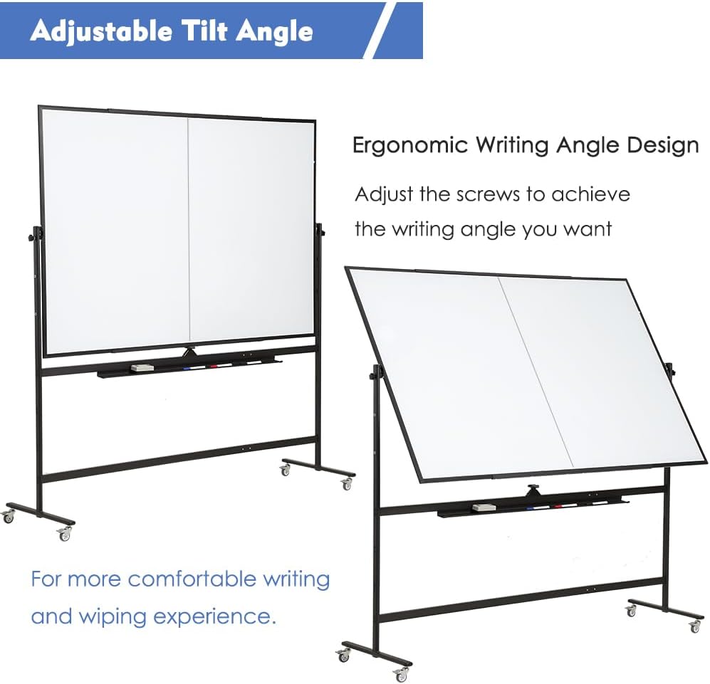 Large Magnetic Mobile Whiteboard 96"x48", Rolling Double Sided Stand Whiteboard on Wheels, Reversible Adjustable Height/Angle Dry Erase Board 8' x 4' Easel White Board for Office Classroom, Black