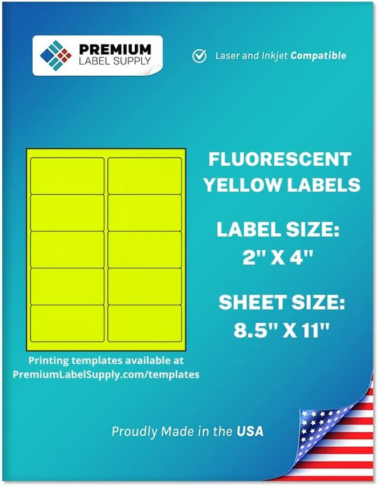 Premium Label Supply Bright Neon Color Fluorescent Stickers - 2" x 4" Labels - (Yellow Fluorescent, 1000 Labels)