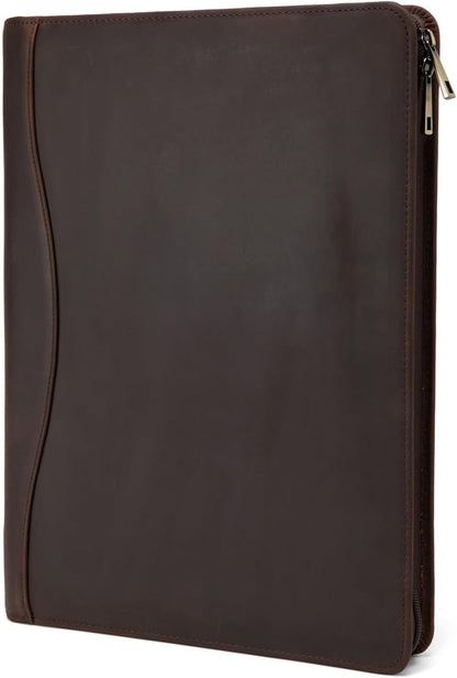 Genuine Leather Portfolio, Legal Size 8.5 x 14 Pad Holder, Business Padfolio for Men and Women, Zippered Laptop Organizer, Executive Professional Work Travel Notepad Folio, Dark Brown