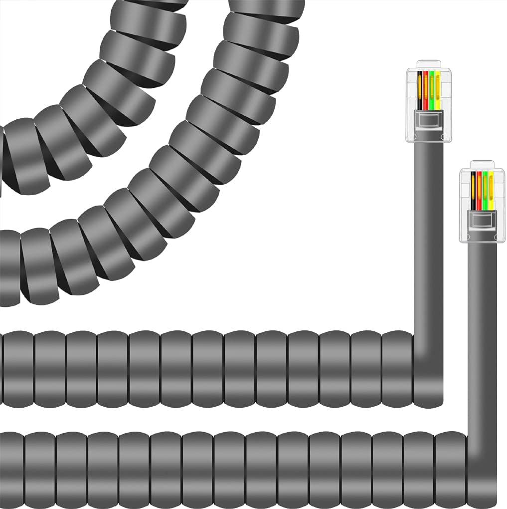 NECABLES 2Pack Phone Cord for Landline Telephone Handset Cord Curly Coiled Phone Cable RJ9 4P4C Male to Male Gray