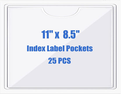 Origin-Joy 25 PCS Self-Adhesive Index Label Pockets, Clear Plastic Peel & Stick Card Holders with Top Open for Loading (11 x 8.5 inch)