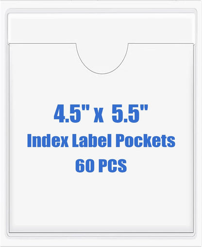 Origin-Joy 60 PCS Self Adhesive Index Card Pockets with Top Open, Clear Plastic Label Holder for Cards of Note, Library and Business, Adhesive Label Pockets & Card Holder (4.5 x 5.5 inch)