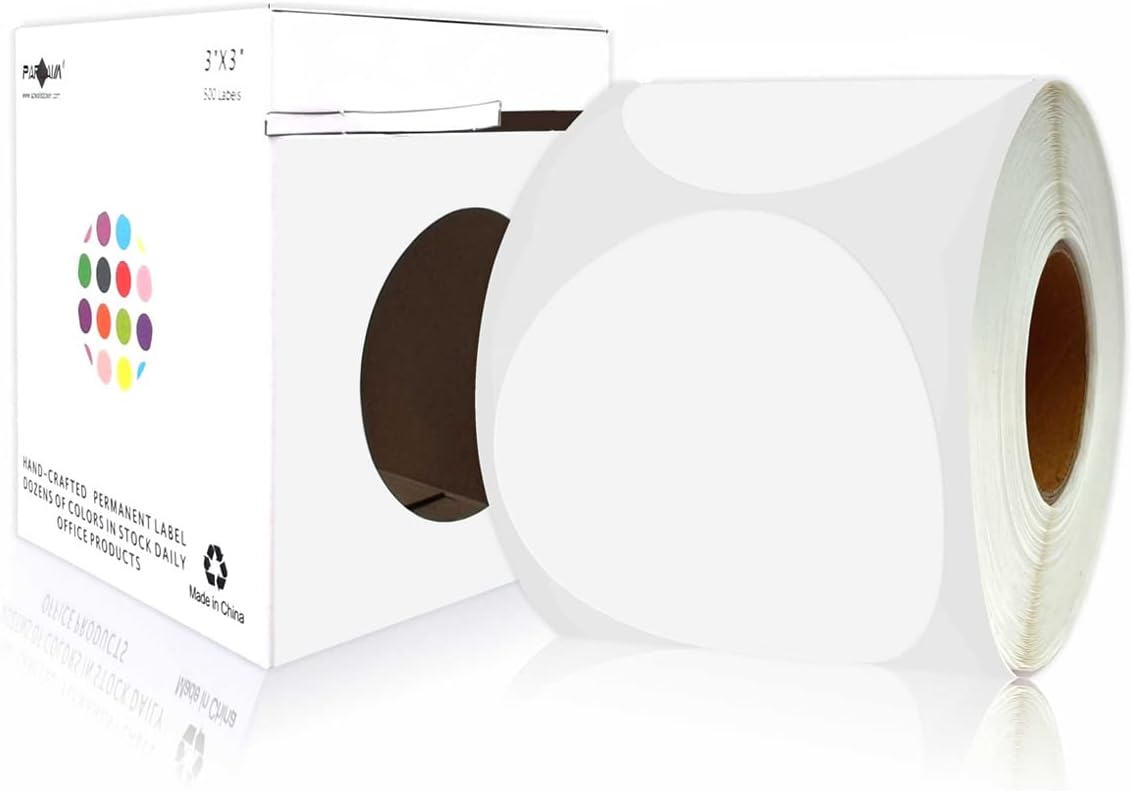 PARLAIM 3 Inch Round Color-Code Dot Stickers, 500 3" X 3" White Color Coding Circle Labels per Roll Dispenser Box for Inventory Management