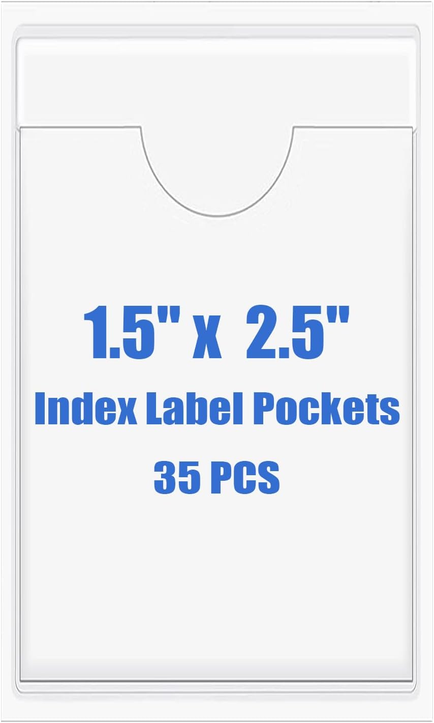 Origin-Joy 35 PCS Self Adhesive Index Card Pockets with Top Open, Clear Plastic Label Holder for Cards of Note, Library and Business, Adhesive Label Pockets & Card Holder (1.5 x 2.5 inch)