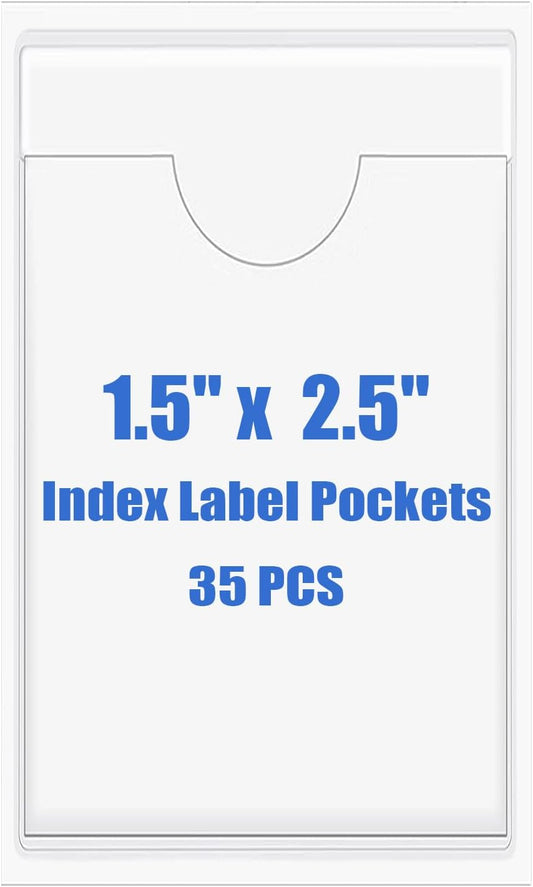 Origin-Joy 35 PCS Self Adhesive Index Card Pockets with Top Open, Clear Plastic Label Holder for Cards of Note, Library and Business, Adhesive Label Pockets & Card Holder (1.5 x 2.5 inch)
