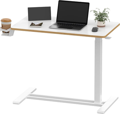 SANODESK Mobile Standing Desk with Hidden Wheels,Pneumatic Laptop Desk Rolling Computer Cart Movable Height Adjustable Small Sit Stand Desk for Home Office(31.5" W x 17.7" D, White+Maple Band)