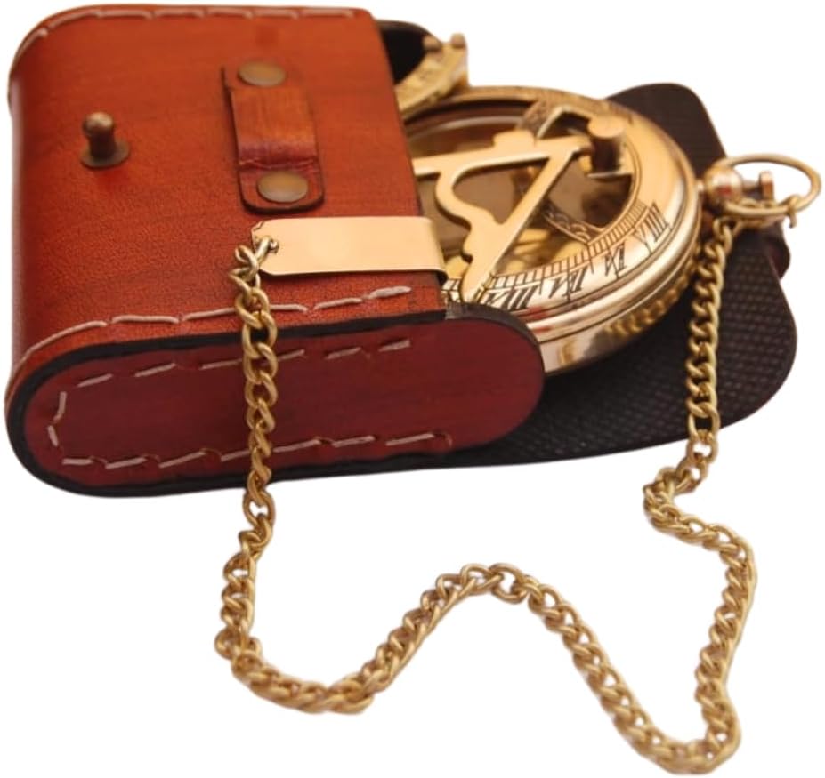 Vintage Brass Sundial Compass with Leather Case - Antique Brass & Copper Sun Clock for Camping, Hiking, Touring - Engraved Gift for Him - Nautical Ship Replica Watch - Sundial Clock in Box