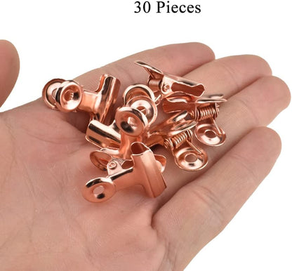 HAHIYO 0.87inch Rose Gold Bulldog Clips Metal File Hinge Binder Clips Clamps Save Space Strong Spring Jaws Rock Solid Grip Book Lay Flat Deburred Edge for Hang Photos Wall Grid Dog Food 30PCS