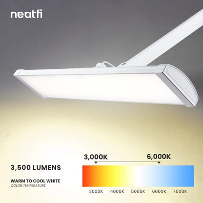 Neatfi Ultra 3,500 Lumen LED Desk Lamp, Color Correlated Temperature, 3 Light Modes, Dimmable, 45W, 26 Inch Wide Metal Shade, 540 SMD LEDs (CCT with Clamp, White)