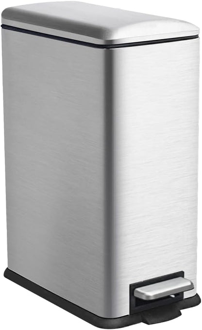 12 Gallon Slim Kitchen Trash Can, Metal Trash Can with Removal Inner Bucket and Soft-Close Lid, Foot Pedal, Stainless Steel Garbage Can 45 Liter, Silver