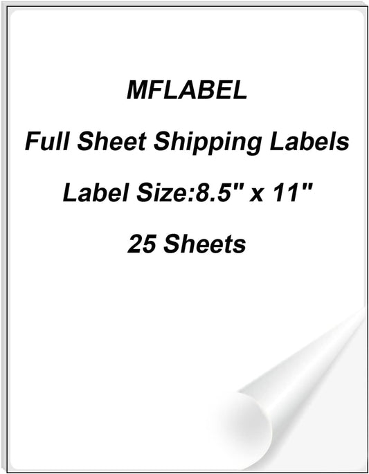 MFLABEL Full Sheet Sticker Labels, Address Labels, White Matte Label Paper, 8-1/2" x 11" Shipping Labels for Laser & Inkjet Printer (25 Labels, 25 Sheets)