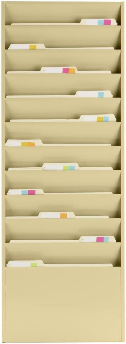 Durham Displays2go Hanging File Folder Rack with 11 Tiered Pockets, Wall Mount Office Organizer - Tan Powder-Coated Steel