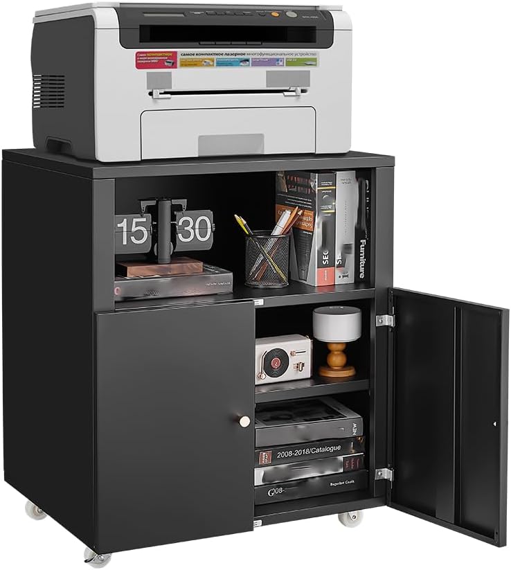 Metal Printer Stand with Storage, Large Black Printer Cabinet with Wheels and Adjustable Shelf for Home Office, Heavy Duty Printer Table