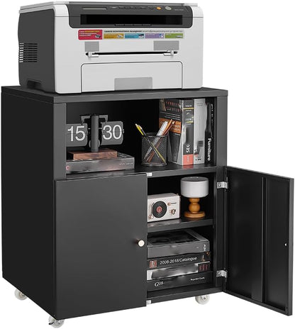 Metal Printer Stand with Storage, Large Black Printer Cabinet with Wheels and Adjustable Shelf for Home Office, Heavy Duty Printer Table