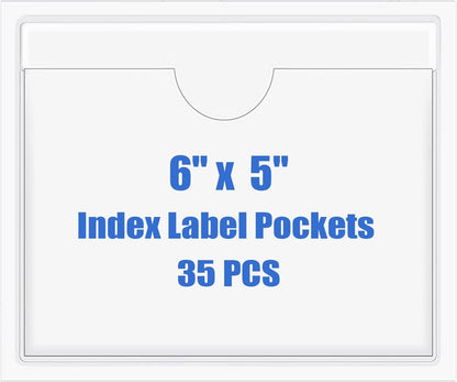 Origin-Joy 35 PCS Self Adhesive Index Card Pockets with Top Open, Clear Plastic Label Holder for Notes, Library and Business, Adhesive Label Pockets & Holder (6 x 5 inch)