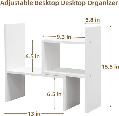 TY ARTS & CULTURE - Expandable Wood Desktop Storage Organizer Multipurpose Desk Bookshelf Display Shelf Rack Counter Top Bookcase for Office Home | Pure White