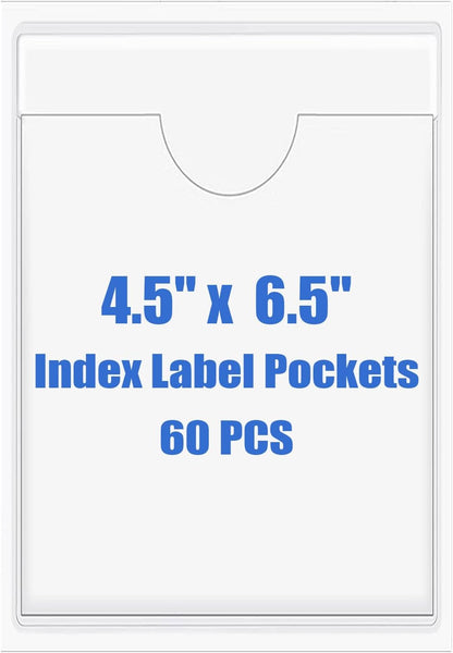 Origin-Joy 60 PCS Self Adhesive Index Card Pockets with Top Open, Clear Plastic Label Holder for Cards of Note, Library and Business, Adhesive Label Pockets & Card Holder (4.5 x 6.5 inch)