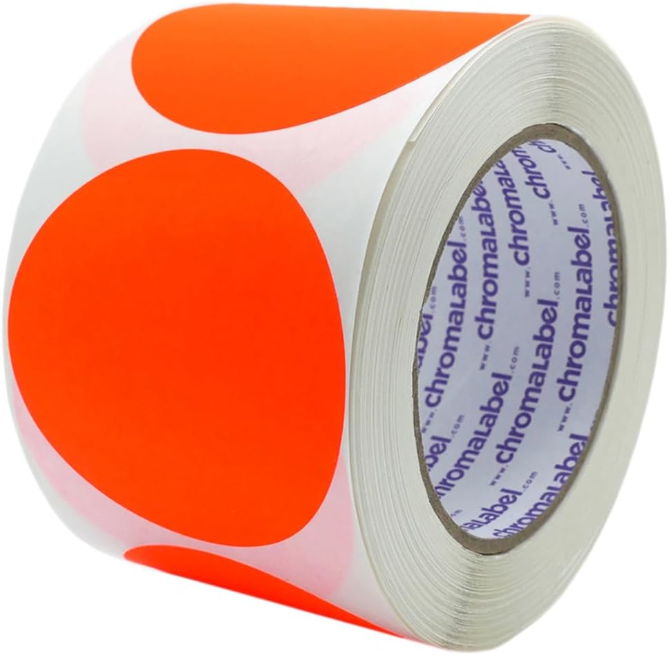 ChromaLabel 3 Inch Circle Sticker Labels, High Visibility Round Colored Stickers, Permanent Adhesive Labels - 500 Sticky Dots per Roll, Fluorescent Red Orange Sticker Dots