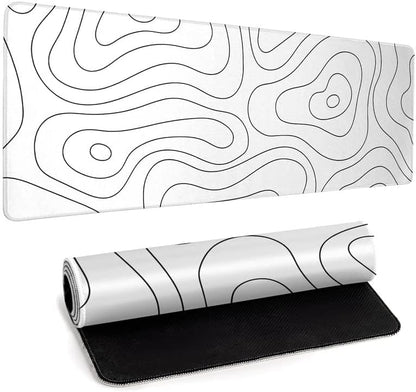 White Large Gaming Mouse Pad Desk Pad Topographic Map Big Keyboard Mat 31.5x11.8inch Computer Mousepad with Stitched Edge Non-Slip Rubber Base
