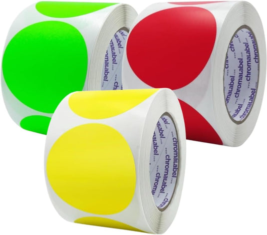 ChromaLabel 3 Inch Round Sticker Labels, Permanent Sticky Color Coding Label, Easy to Write On Color Coded Stickers - 500 Colored Labels per Roll - Matte Finish Fluorescent Green, Red, and Yellow