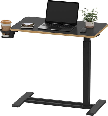 SANODESK Mobile Standing Desk with Hidden Wheels,Pneumatic Laptop Desk Rolling Computer Cart Movable Height Adjustable Small Sit Stand Desk for Home Office(27.6" W x 15.7" D, Black+Maple Band)