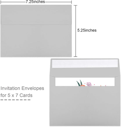 50 Packs 5x7 Dark Gray Envelope, Gray Envelopes 5x7, Dark Gray Invitation Envelope, Envelopes Self Seal for Weddings, Invitations, Photos, Greeting Cards, Mailing (Light grey)