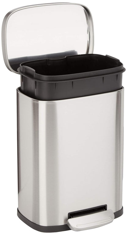 Amazon Basics Smudge Resistant Mini Rectangular Trash Can With Soft-Close Foot Pedal, Brushed Stainless Steel, for Bathroom & small space, 5 L /1.32 Gal, Satin Nickel Finish, 7.3x8.5 x11.8 in (LxWxH)