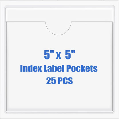Origin-Joy 25 PCS Self-Adhesive Index Label Pockets, Clear Plastic Peel & Stick Card Holders with Top Open for Loading (5 x 5 inch)