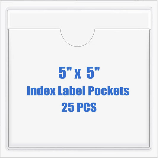Origin-Joy 25 PCS Self-Adhesive Index Label Pockets, Clear Plastic Peel & Stick Card Holders with Top Open for Loading (5 x 5 inch)