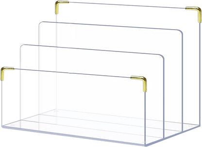pbf Acrylic File Holder | Clear File Organizer for Desk w/Gold Accents | Acrylic Desk Organizer, Folder Holder, Mail Sorter, File Stand, Magazine Divider, Laptop, Notebook, & Letter Organizer