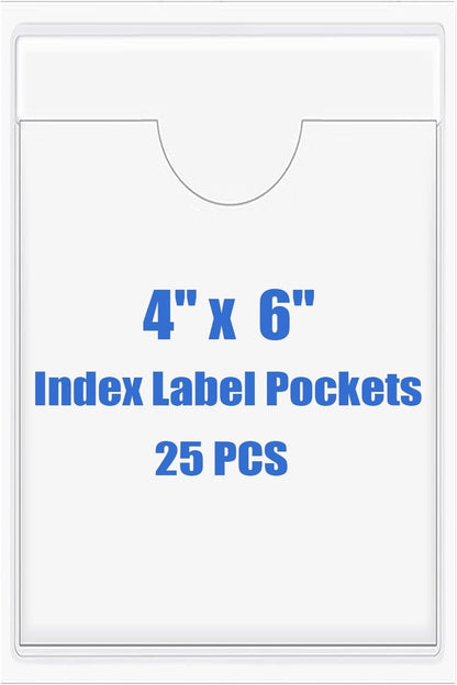 Origin-Joy 25 PCS Self-Adhesive Index Label Pockets, Clear Plastic Peel & Stick Card Holders with Top Open for Loading (4 x 6 inch)