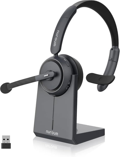 NUROUM HP31S(2nd Gen) Single Ear Wireless Headset with Mic, Bluetooth Headset with Noise Cancelling Microphones, Charging Stand, One Ear, Multi-Point/Mute, 45H Playback for Trucker/Call Center/Office