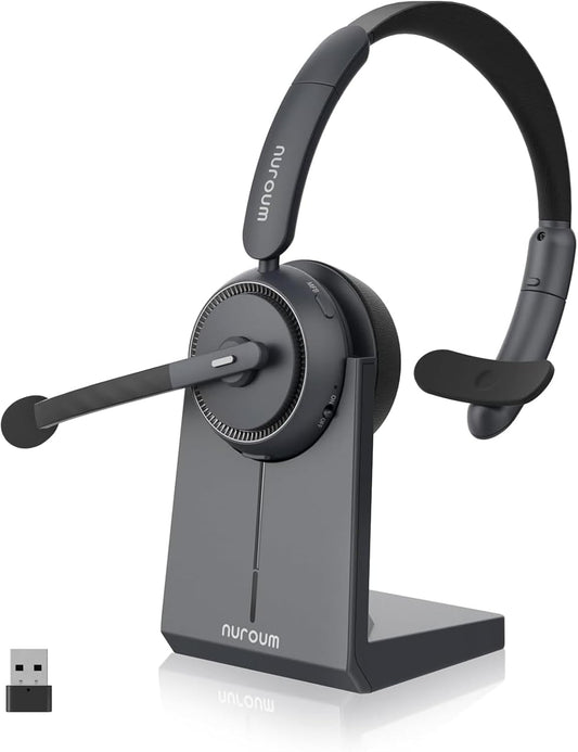 NUROUM HP31S(2nd Gen) Single Ear Wireless Headset with Mic, Bluetooth Headset with Noise Cancelling Microphones, Charging Stand, One Ear, Multi-Point/Mute, 45H Playback for Trucker/Call Center/Office