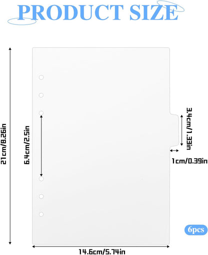 6 Ring A5 Binder Dividers - Clear Plastic Index Dividers with Tabs (6 Pack)