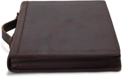 Genuine Leather 3 Ring Binder Portfolio, 8.5 x 14 Legal Size Pad Holder, Hidden Handle, Zippered Padfolio with 15” Laptop Organizer, Professional Business Folio for Men Women, Dark Brown