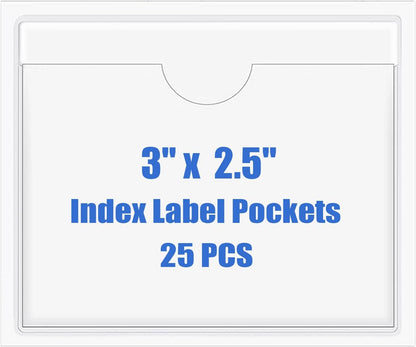 Origin-Joy 25 PCS Self-Adhesive Index Label Pockets, Clear Plastic Peel & Stick Card Holders with Top Open for Loading (3 x 2.5 inch)