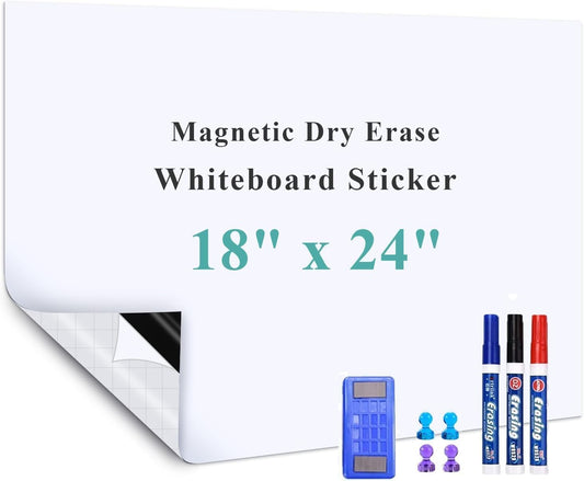 White Board Adhesive Contact Paper, 17.8" x 24" Stick on Magnetic Whiteboard Roll, Dry Erase Board for Wall, Easy to Write and Clean Magnetic Board for Kids, Office, Home, with Marker, Eraser