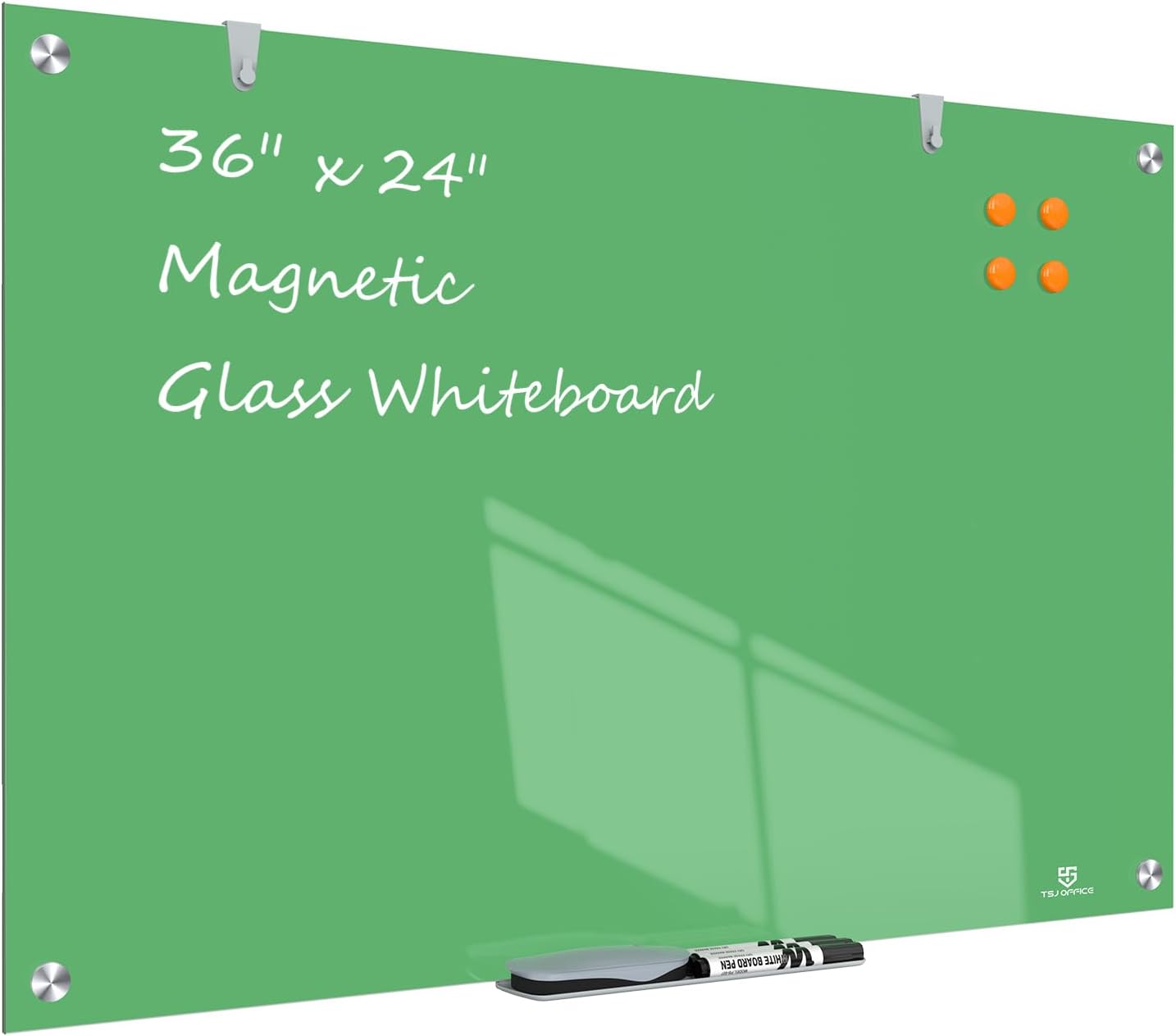 TSJ OFFICE Glass Dry-Erase Board - 36 x 24 Inches Wall Mounted Magnetic Whiteboard, Large Frameless Glass White Board for Office, Home & School, Green