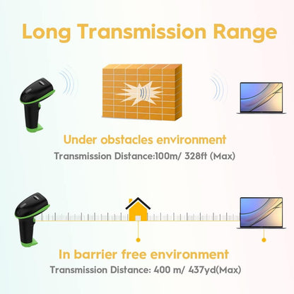 NADAMOO Wireless Barcode Scanner 328 Feet Transmission Distance USB Cordless 1D Laser Automatic Barcode Reader Handhold Bar Code Scanner with USB Receiver for Store, Supermarket, Warehouse - Green