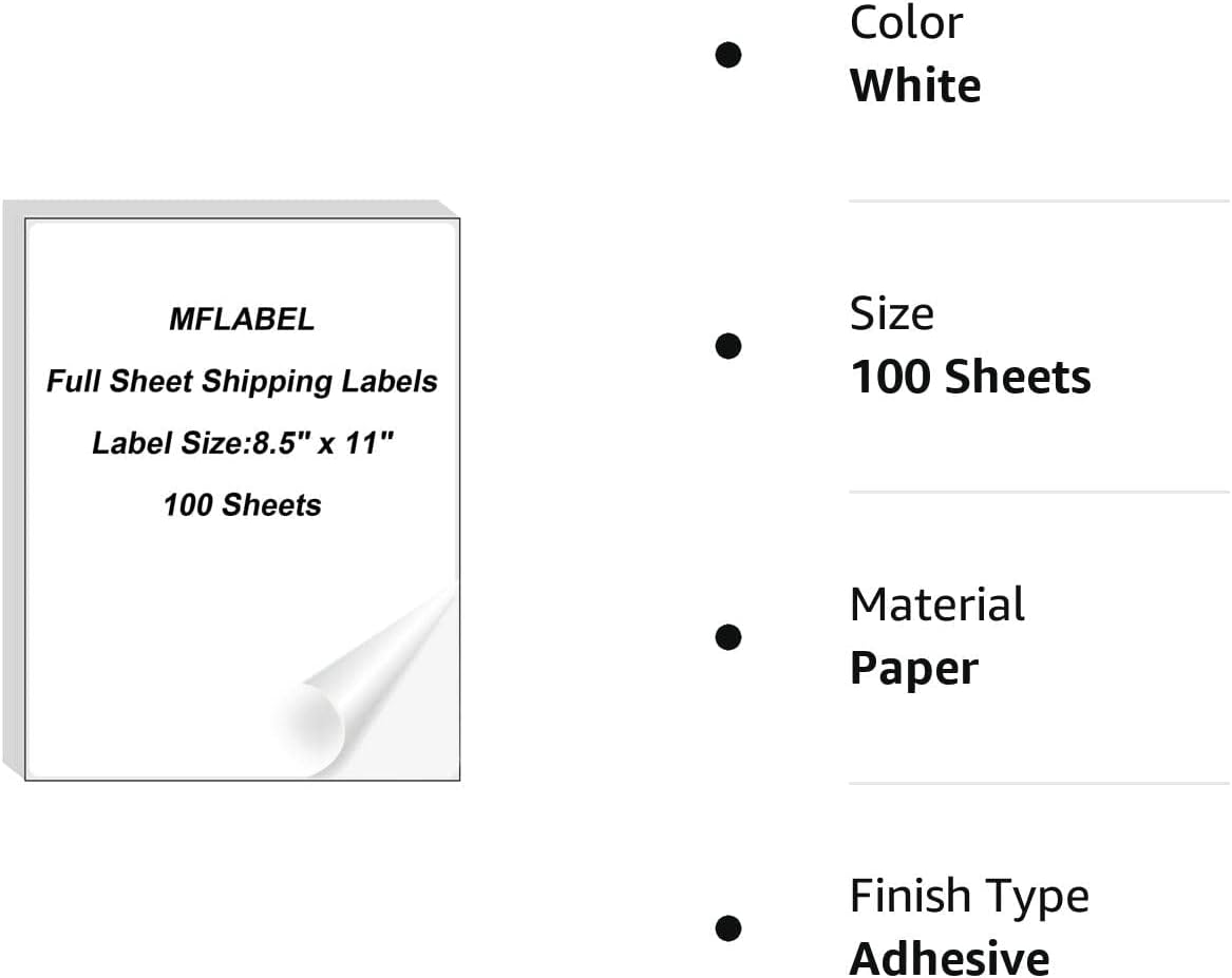MFLABEL Full Sheet Sticker Label, Address Sticker, White Matte Label Paper, 8-1/2" x 11" Shipping Labels for Laser & Inkjet Printer (1500 Labels, 1500 Sheets)