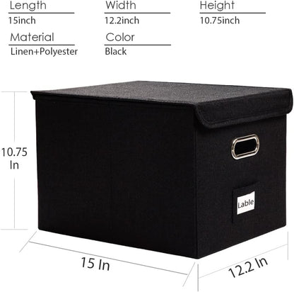 PRANDOM File Organizer Box - Set of 4 Collapsible Decorative Linen Filing Storage Hanging File Folders with Lids Office Cabinet Letter Size Black (15x12.2x10.75 inch)
