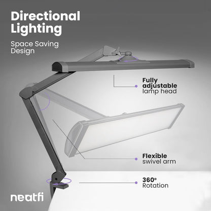 Neatfi Ultra 3,500 Lumen LED Desk Lamp, Color Correlated Temperature, 3 Light Modes, Dimmable, 45W, 26 Inch Wide Metal Shade, 540 SMD LEDs (CCT with Clamp, Silver)