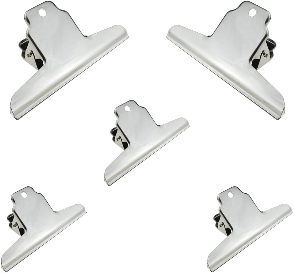 HAHIYO 5.7inch Silver Bulldog Clips Metal File Hinge Binder Clamps Save Space Strong Spring Jaws Rock Solid Grip Book Lay Flat Deburred Edge for Hang Photos Wall Grid Dog Food 5PCS